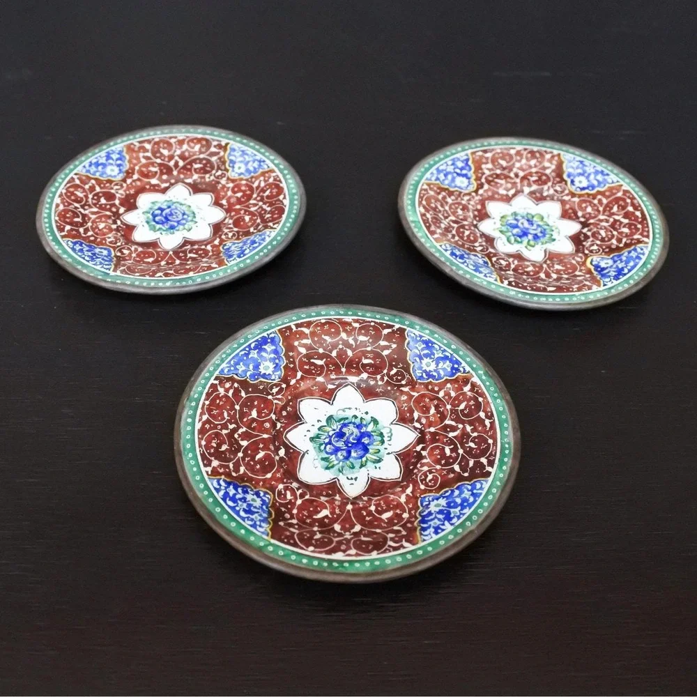Antique Persian Minakari Enamel Floral Birds Tea & Coffee Cups Saucers Tray Set